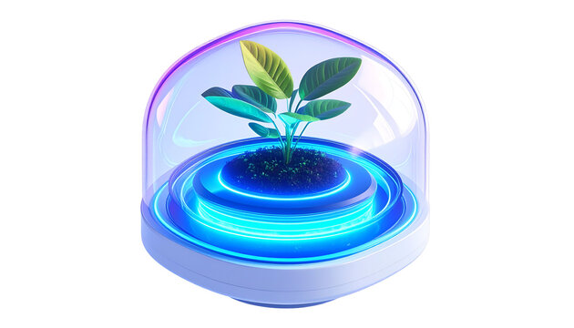 Plant sprout growing inside futuristic dome with glowing neon platform on dark backdrop