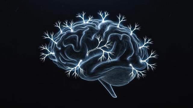 Glowing brain outline in stylized line art on dark background, concept of intelligence and cognition processes