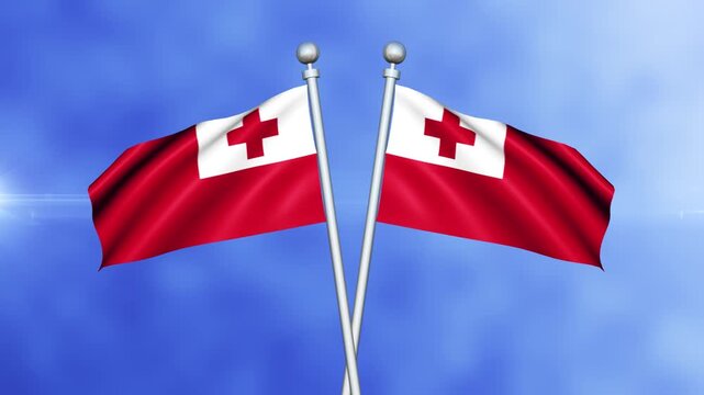 Tonga Crossed Flags Waving in Blue Sky Loop