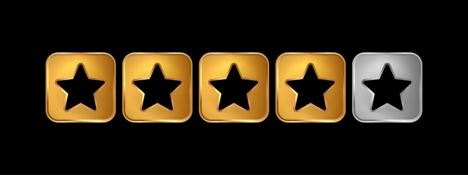 Gold 4 Star Rating Icon Set with One Silver Star &ndash; Luxury Review Score Badge 3D UI Design on Black Background