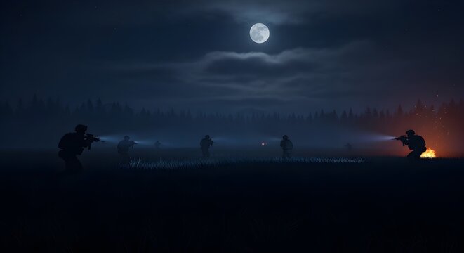 Military Special Forces Squad Moving Through Night Field Under Full Moon Light