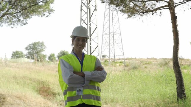 Portrait of a proud woman powerline technician standing with arms crossed next to a pylon