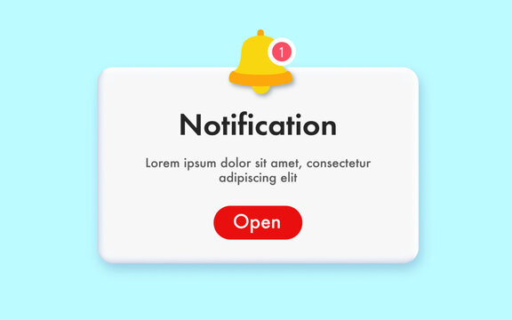 Notification popup alert ui interface window with button open for app, mobile reminder, web, phone vector
