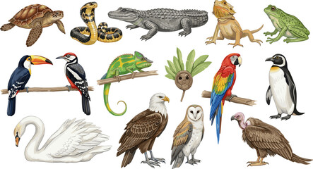 Obraz premium Wildlife Animal Icon Set with Birds, Snakes, Frogs, Turtles, and Reptiles for Nature, Wildlife, and Fauna Illustrations