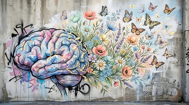 Mental Health Concept Surreal Brain with Flowers and Butterflies, Artistic Graffiti Mural Style