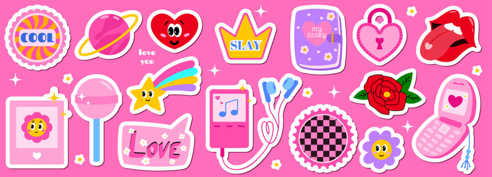 Sticker y2k cute pop retro smiley patch icon badge and happy. Groovy fun rainbow elements for 90s and 00s aesthetic. Decorative collection with phone flower love heart music