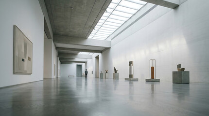Naklejka premium A modern museum gallery showcases various sculptures and artwork on display.