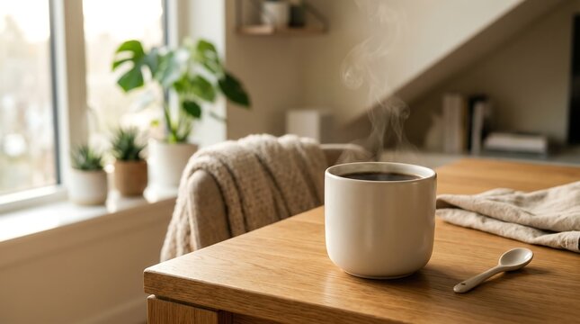 Warm cup of coffee placed on a wooden table near a window, creating a cozy and relaxing atmosphere. Ideal for lifestyle, morning routine, and comfort themes. The natural lighting and minimalist compos