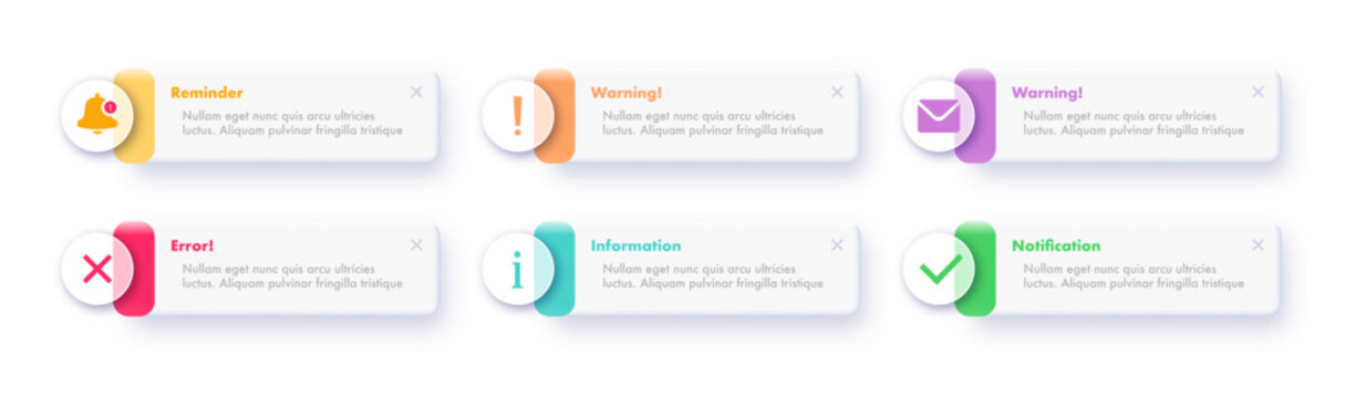 Notification popup alert set ui interface window glassmorpism for app, mobile reminder, web, phone vector