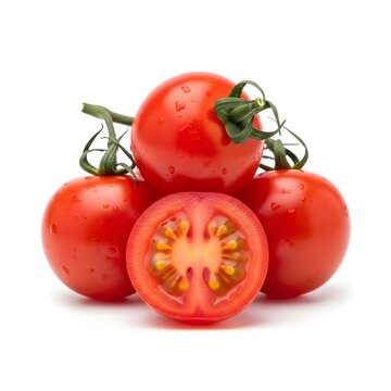 Small group of grape tomatoes with one sliced open, isolated white background