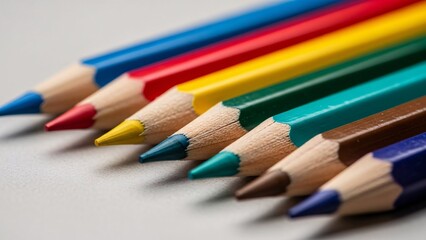 Fototapeta premium Colorful assortment of sharpened colored pencils arranged diagonally on a white surface for creative art projects and educational activities