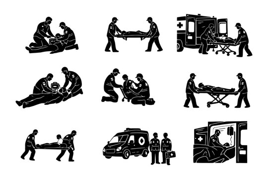 Emergency medical response illustration with paramedics and ambulance scenes.