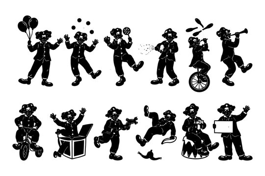Playful clowns performing various circus acts in black and white illustration.