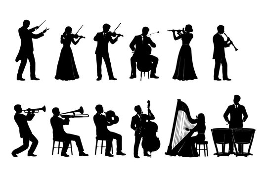 Silhouettes of musicians playing various instruments in orchestra setting.