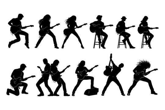 Silhouetted musicians playing electric guitar in dynamic poses.