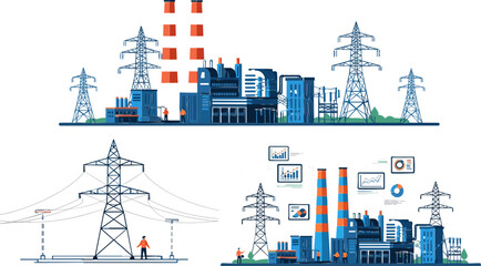 Obraz premium Power Plant and Electricity Transmission Icon Set with Factory, Towers, and Energy Infrastructure for Industrial and Utility Illustrations