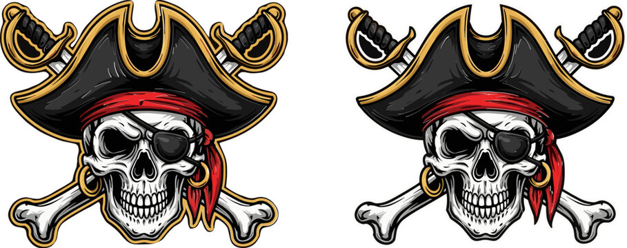 Pirate Skull and Crossbones Vector Set with Pirate Hat, Swords, and Red Bandana for Digital Media and Design