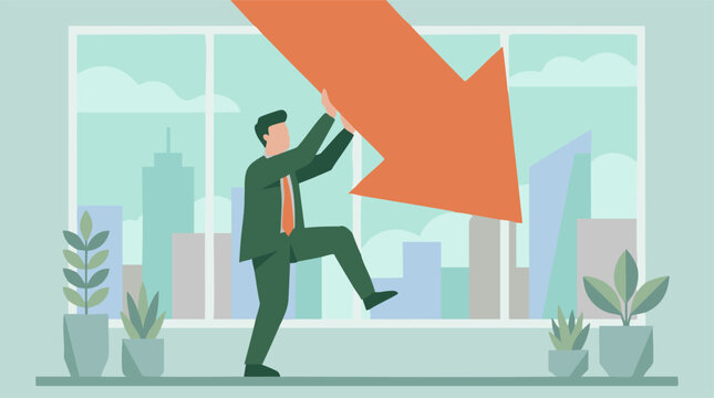 Businessman resisting a large downward arrow, symbolizing market decline or struggle