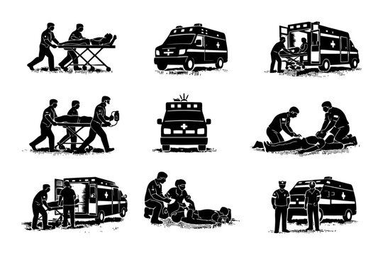 Emergency response scenes: ambulance and paramedics assisting patients.