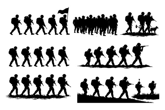 Silhouette of soldiers marching and standing with flag and dog.