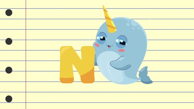 N Is For Narwhal Cartoon Character Alphabet For Kids Learning &ndash; 4K Animation Video Motion Graphics With Background