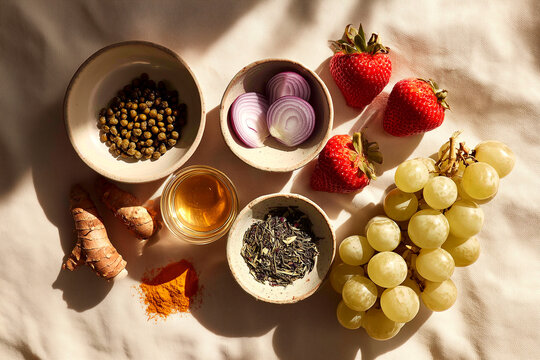 Overhead flatlay of senolytic longevity food sources including quercetin and fisetin rich ingredients arranged on warm cream linen surface with natural light
