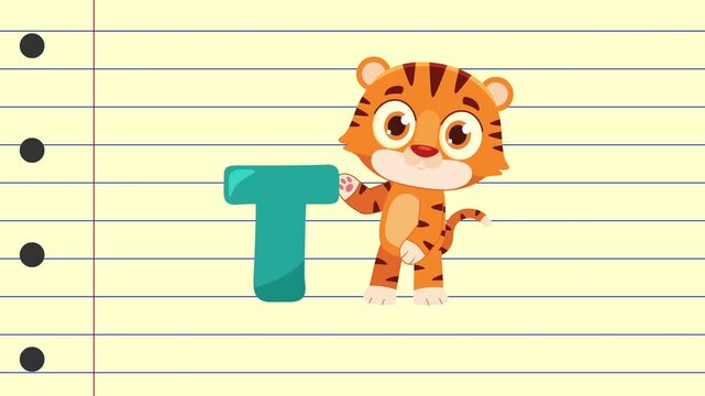 T Is For Tiger Cartoon Character Alphabet For Kids Learning &ndash; 4K Animation Video Motion Graphics With Background
