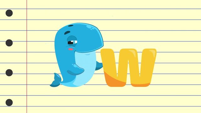 W Is For Whale Cartoon Character Alphabet For Kids Learning &ndash; 4K Animation Video Motion Graphics With Background
