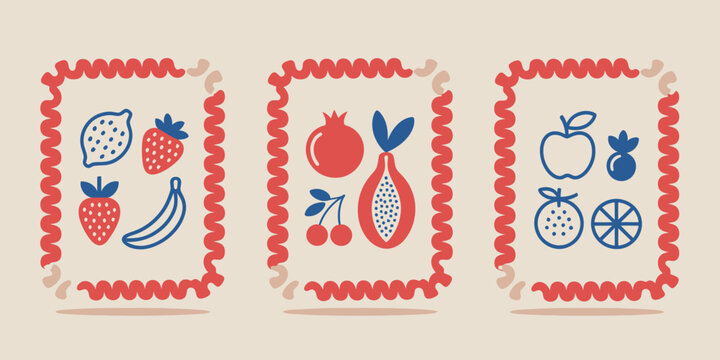 Colorful illustrated fruit sets in decorative red bordered frames