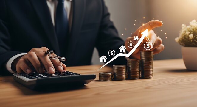 Businessperson using calculator with rising coins and real estate