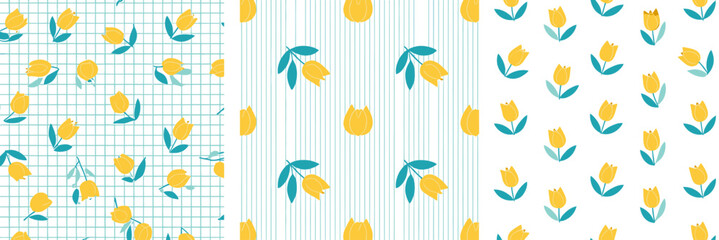 Obraz premium Colorful floral pattern with yellow tulips and green leaves on transparent background