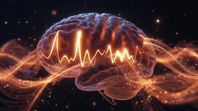 Glowing brain with flowing energy lines in stylized art on dark backdrop, concept of mind power and neural activity