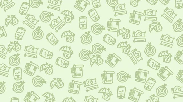 Light green background with repeating icons. Icons depict targets, umbrellas, cash, and tools. Simple outlines suggest business and goal themes. Use for presentations, marketing, or planning visuals
