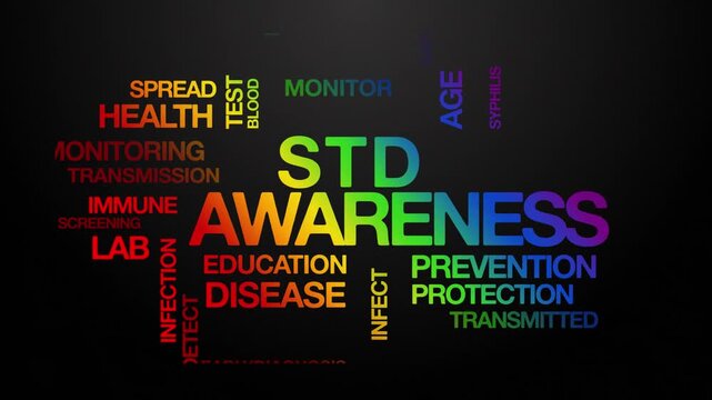 STD awareness concept Animated Tag Word Cloud kinetic typography Animation seamless loop video motion graphics Intro sexually transmitted disease wordart rainbow type on black background backdrop bg