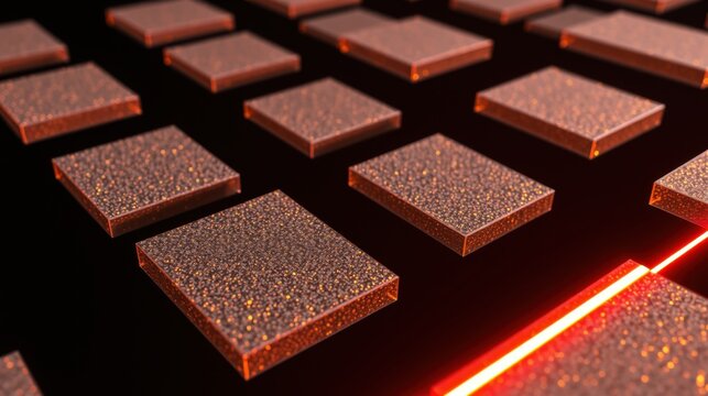 Red squares float above black surface. Bright light streaks across bottom right corner, creating dramatic effect. Texture visible on each square.