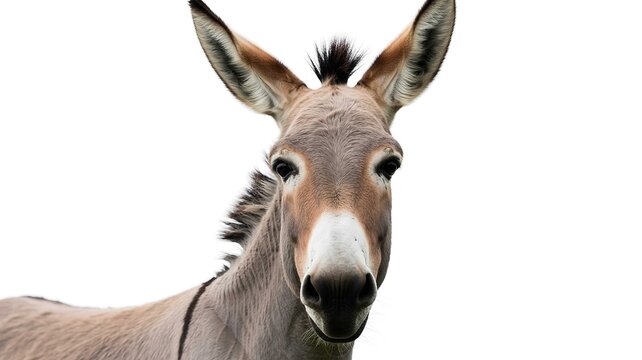 A close-up portrait of a donkey with a white background