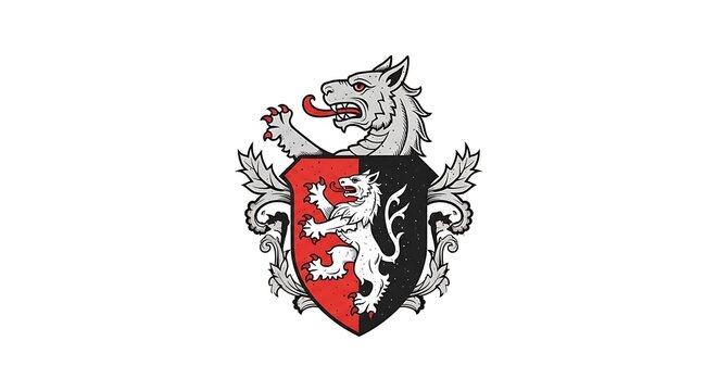 Vector graphic illustration of a wolf and lion heraldic shield design element
