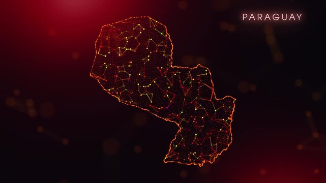 A dynamic motion video showcasing the Paraguay country border through a colorful plexus reveal. Glowing red and orange dots represent high-tech data communication and global digital networks.