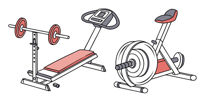 Graphic illustration of gym workout gear including a flat bench press with a barbell and a stationary bike for professional fitness training exercise equipment training weightliftin