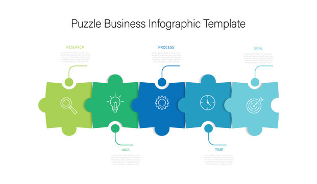 infographic element layout template with puzzle concept design, 5 points, options. Infographics step blocks as puzzle jigsaw pieces. 