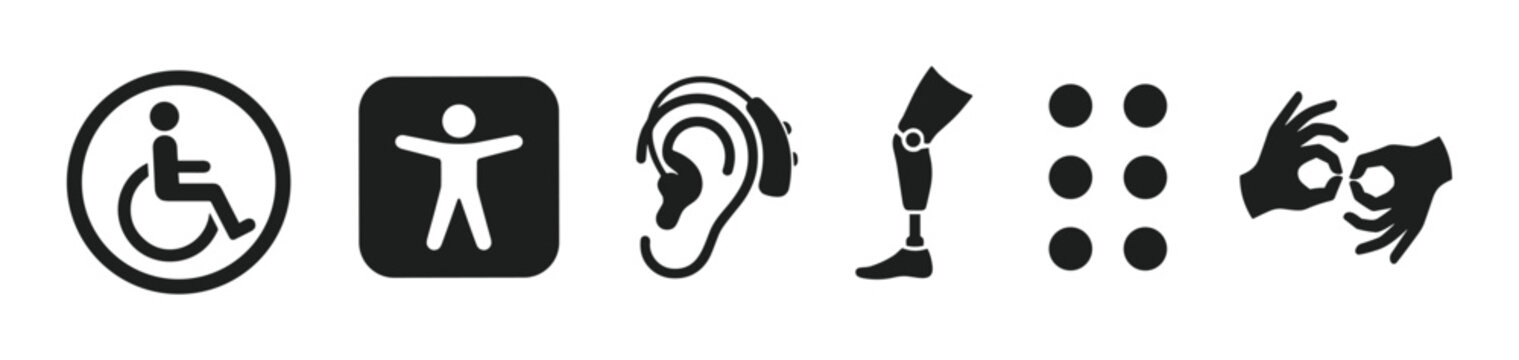 Disability and accessibility icons representing various impairments and support for people with diverse needs, promoting inclusion and universal design.