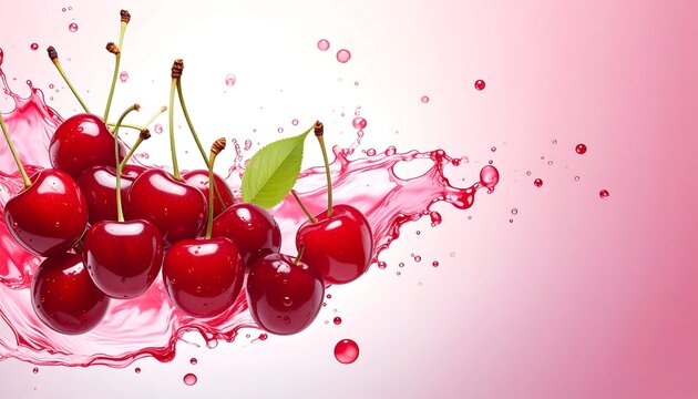 Fresh red cherries splashing in juice on pink background with water droplets and copy space