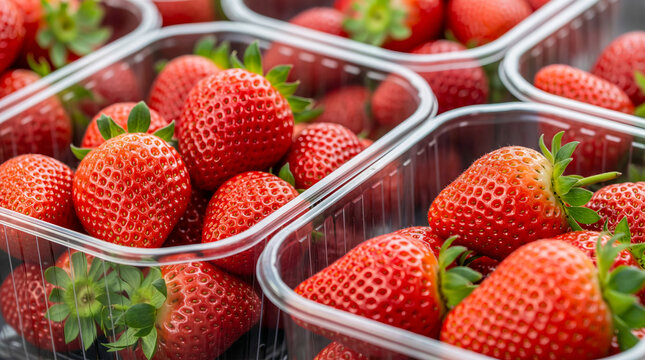 Fresh Red Strawberries Packed in Clear Plastic Market Punnets