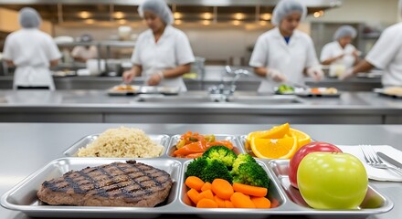 Obraz premium Cafeteria meal tray with grilled steak vegetables rice and fruits in kitchen