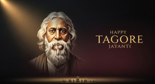 Rabindranath tagore jayanti tribute with spotlight effect and silhouette of people at the bottom