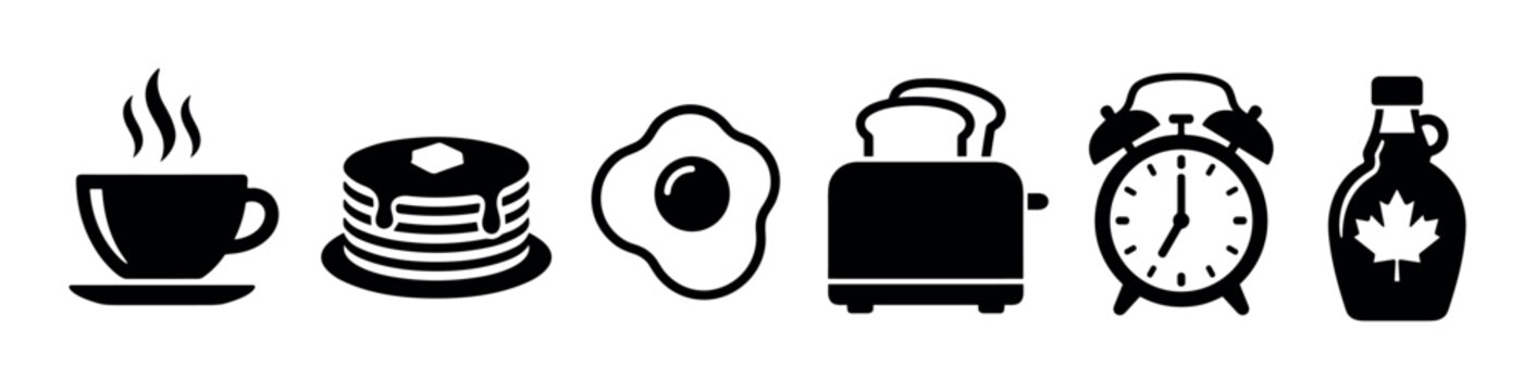Breakfast food and morning routine icons set illustrating common elements such as a steaming cup, pancakes, fried egg, toaster, alarm clock, and maple syrup.