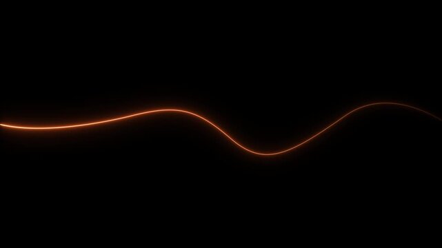 Single continuous orange glowing neon light line curving across a dark black background creating a smooth wave pattern that energy flow or data transmission in a minimalist digital environment