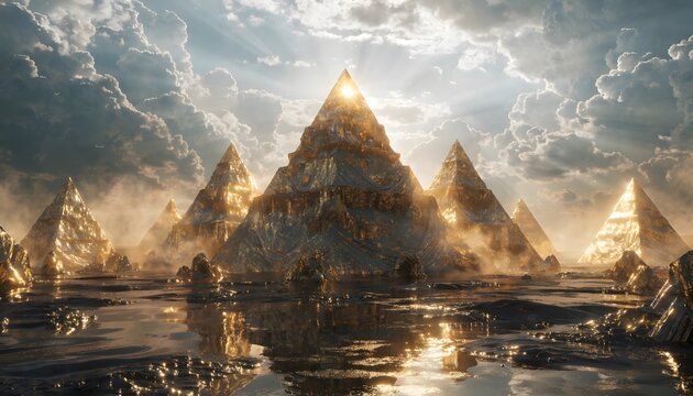 Massive gold pyramid structures fantasy world high resolution picture