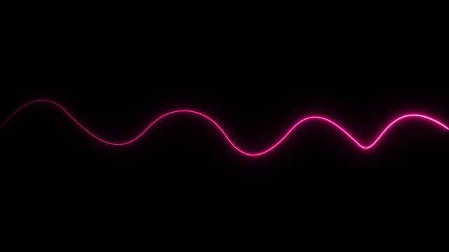 Single continuous pink glowing neon light line curving across a dark black background creating a smooth wave pattern that energy flow or data transmission in a minimalist digital environment