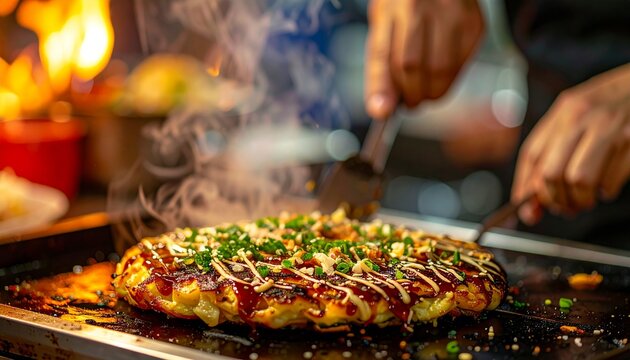 鉄板の上でお好み焼きがソースとマヨネーズとネギをのせて湯気を上げながら焼けているシズルシーン